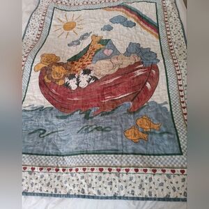Vintage Noahs Ark Hearts Animals Baby Crib Blanket 33x41